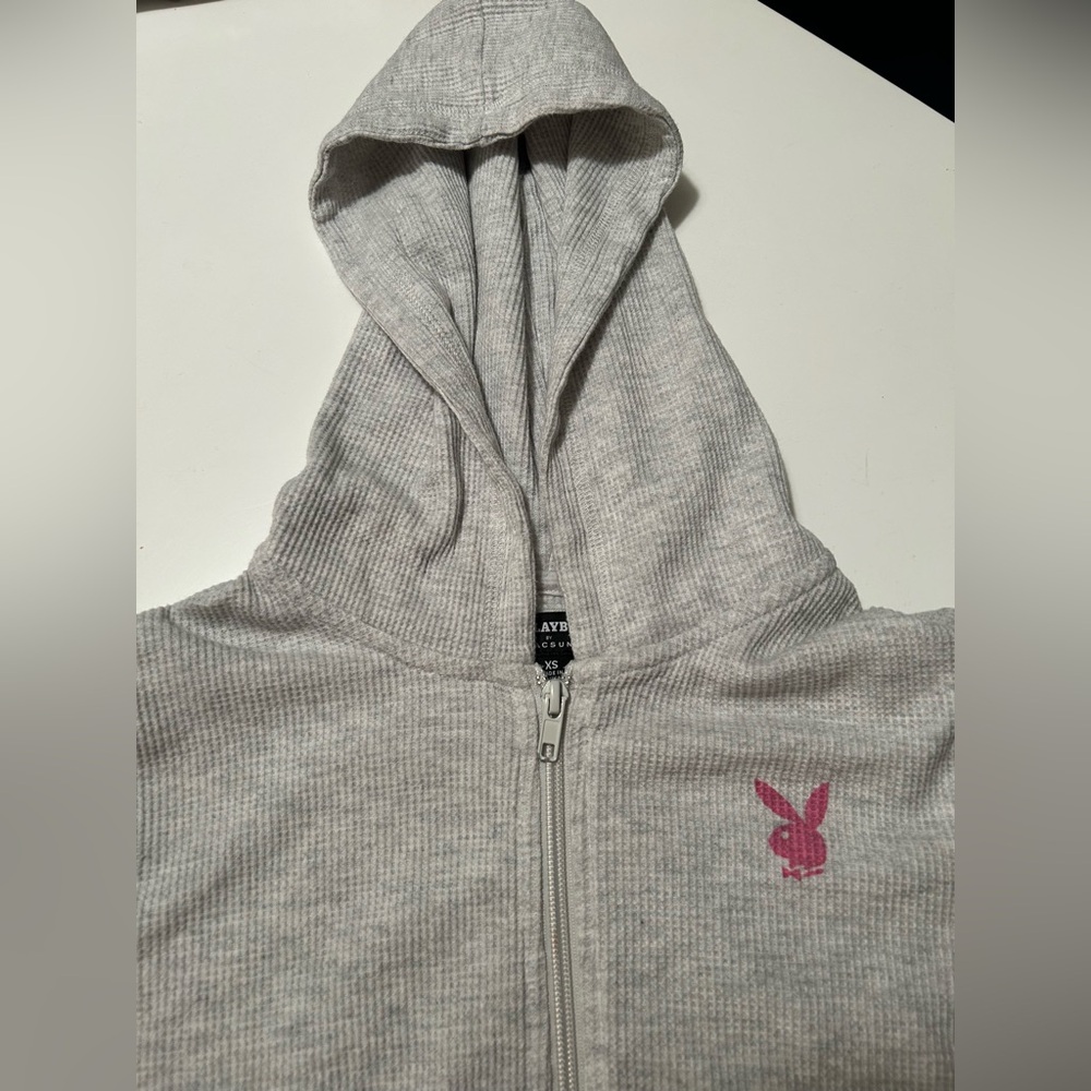 PLAYBOY by PacSun Light Gray Hoodie Waffle Knit Top Sweatshirt